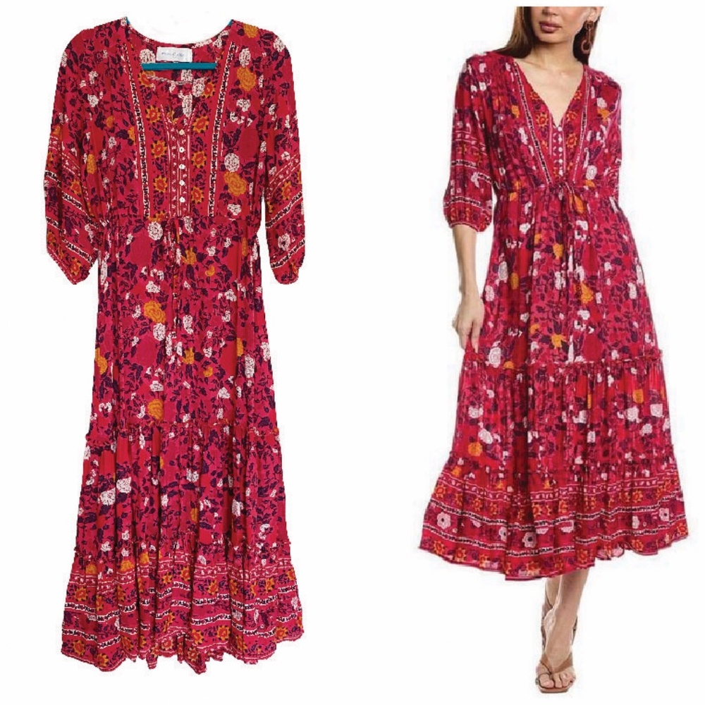 Walker & Wade Carrie Cherry Red Boho Floral Tiered Dress Button Front Size Small